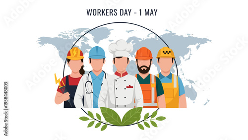 Workers' Day Celebration: Diverse professionals, including a doctor, chef, and construction worker, stand united on a global map, celebrating International Workers' Day with a symbol of nature.
