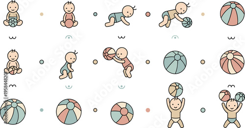Cute baby playing with ball vector illustration set featuring infants sitting, crawling, throwing, and holding colorful balls in playful nursery activity scenes.