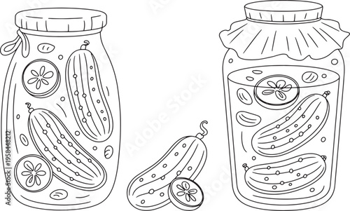 Glass jars with pickled cucumbers and fresh gherkin slices in monochrome line art style illustration. Vector illustration