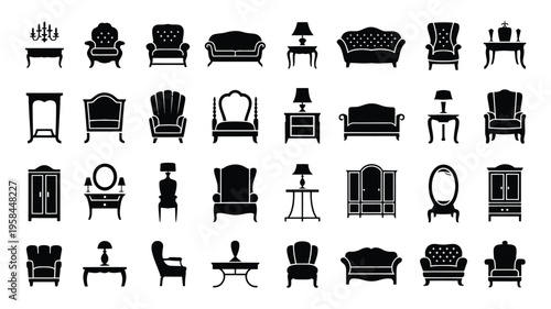 Collection of various black furniture icons including sofas chairs tables lamps and cabinets on white background for design and decoration purposes