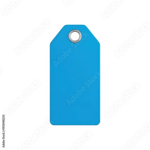 Bright blue price tag attached with a circular hole for hanging on merchandise