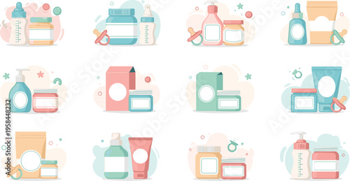 Baby care product sets vector illustration with bottles, creams, wipes, and hygiene essentials arranged in pastel compositions for newborn skincare design.