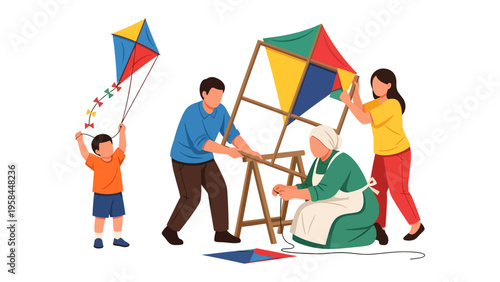 Kite Building Family: A multigenerational family joyfully builds and flies colorful kites together, embodying the spirit of traditional family bonding, creating lasting memories.