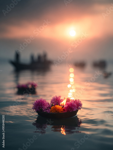 Traditional Floating Diya with Flowers on River at Sunset