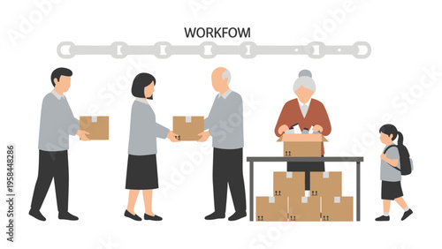 Community Service Chain: Illustrating a unified system of generosity, this illustration depicts an intergenerational sequence of individuals involved in the act of giving back.