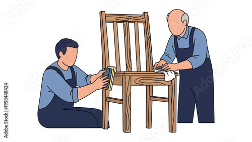Restoring Memories: Two artisans meticulously restore an antique wooden chair, their dedication and precision breathing new life into the timeless piece.