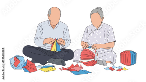 Crafting Memories: A senior couple engages in the art of paper lantern making, showcasing the enduring beauty of traditional craftsmanship and the warmth of shared hobbies.