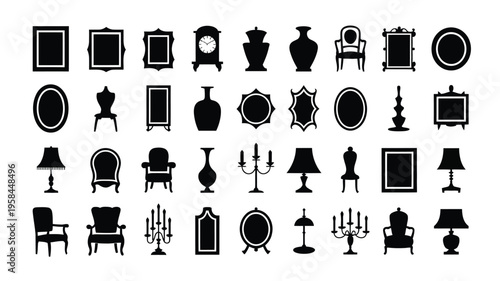 Collection of black silhouettes of antique furniture and home decor items on white background