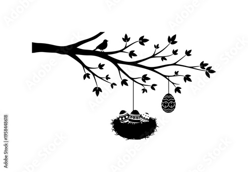 Black and White Bird Nesting Branch Illustration