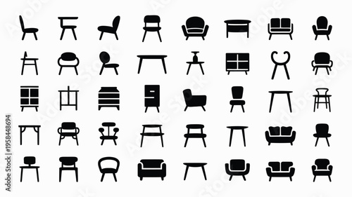 Collection of modern furniture icons including chairs sofas tables and desks in black silhouette on white background for design and decoration purposes