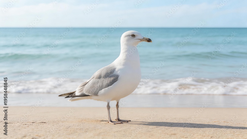 Fototapeta premium Seagull on sandy beach near ocean