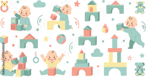 Cute baby building blocks vector illustration set with infants stacking colorful cubes, arches, and towers in playful nursery learning activity scenes.