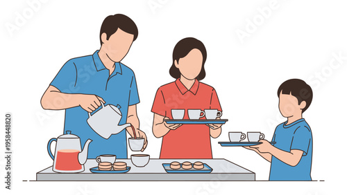Family Tea Time: Illustration of a family preparing and serving tea, capturing the warmth and bonding of a simple, shared moment.