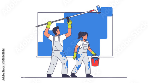 Painting the Future: A couple working together, using a roller to apply a vibrant blue hue to a surface, creating a visual metaphor for progress.