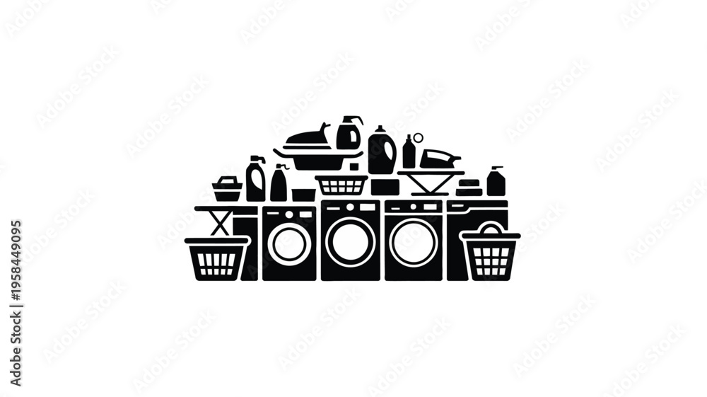 Fototapeta premium Laundry room essentials and appliances in a cluttered arrangement with washing machines and drying racks