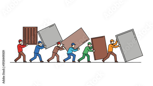 Pushing Together: A team of figures cooperatively pushes large rectangular objects. Demonstrating the importance of unity, teamwork, and collective effort