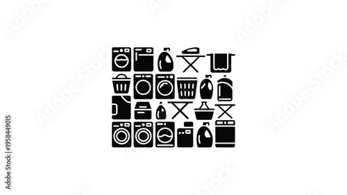 Laundry day essentials icons set including washing machines dryers irons detergent bottles and hampers on white background