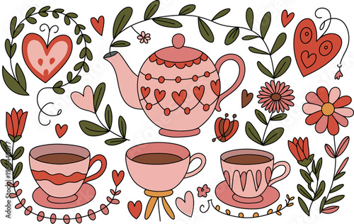 Whimsical tea time collection with pink teapot, cups, and romantic floral heart decorations. Vector illustration
