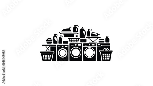 Laundry room essentials and appliances in a cluttered arrangement with washing machines and drying racks