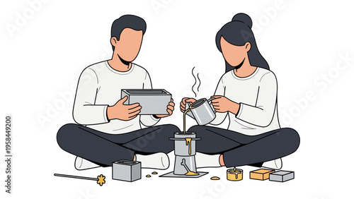 Coffee Brewing Moments: A couple share a quiet moment, engaged in the art of coffee preparation, illustrating a tranquil scene of togetherness, creativity and the pursuit of simple pleasures.
