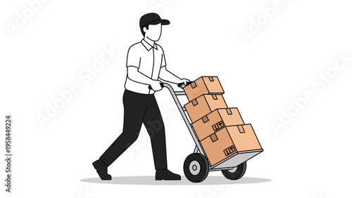 Delivery worker with boxes : Illustration captures the tireless effort of a delivery person as they transport packages on a hand truck, delivering goods with speed and efficiency.