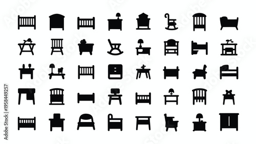 Collection of various black furniture icons including beds chairs desks and tables on white background for design and decoration