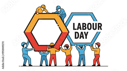 Labour Day Unity: A collective of workers join forces, piecing together vibrant shapes to symbolize unity and the significance of Labour Day.
