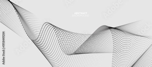 Flowing dot particles wave pattern curve halftone black gradient curve shape on white background.