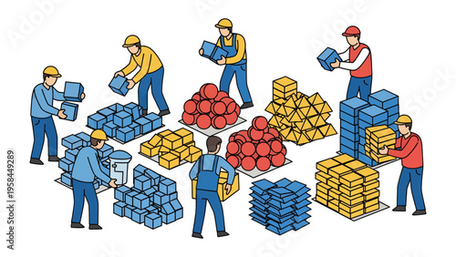 Construction Coordination: A team of construction workers is organizing materials, showcasing the collaborative process involved in building. The image exemplifies teamwork, logistical coordination.