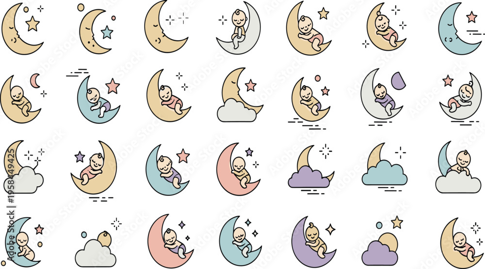 Obraz premium Cute baby sleeping on moon vector illustration set with infants, stars, clouds, and dreamy night sky elements for nursery and kids design.