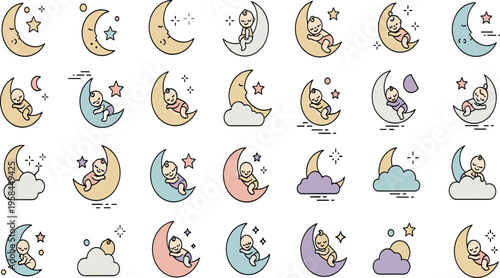Cute baby sleeping on moon vector illustration set with infants, stars, clouds, and dreamy night sky elements for nursery and kids design.
