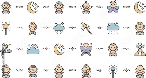 Cute baby bedtime icons vector illustration set with sleeping infants, moon, stars, clouds, and night elements in soft pastel nursery style design.