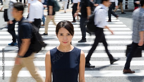 Signal changing, woman standing center, business commuters passing, motion tags on bags for insight