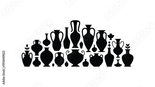 Collection of ancient black pottery silhouettes on white background various shapes and sizes decorative vessels