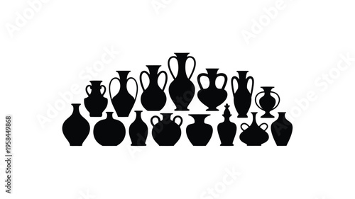 Collection of antique black pottery silhouettes on white background various ancient jug and vase shapes