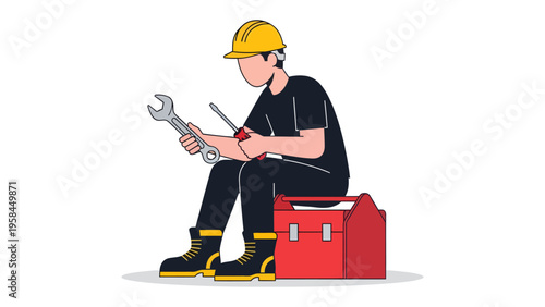 Handyman with Tools: A handyman takes a moment of respite, contemplating his toolkit with tools in hand, seated on his toolbox. A moment of professional contemplation and skill.