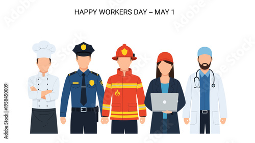 Workers Day Celebration: A diverse group of essential workers stand united, a tribute to their dedication and service on Workers' Day.