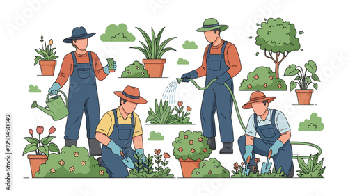Cultivating Growth: Illustration of dedicated gardeners tending to various plants in a vibrant garden. 