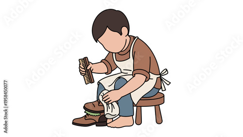 Crafting with Care: A young artisan, engrossed in his craft, meticulously polishes a boot, epitomizing the dedication and artistry in the making of durable footwear.
