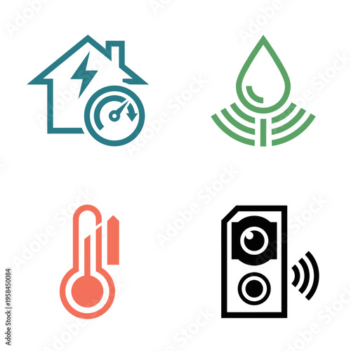 Four icons depict modern smart home systems