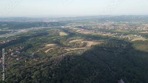 Scenic aerial view of green Avala mountain slopes near Belgarde, Serbia, late afternoon sun light.
