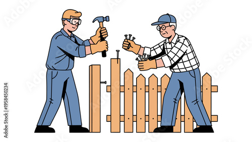 Building Collaboration: Two individuals work in unison, skillfully constructing a wooden fence, embodying collaboration, hands-on labor and the creation of a tangible structure.