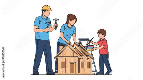 Family Project: A father, mother, and son engage in a shared building project, constructing a miniature house together, symbolizing unity and collaborative effort.