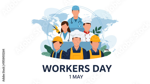 Workers' Day Celebration: A vibrant and uplifting illustration of a group of diverse professionals, symbolizing the spirit of Labour Day, highlighting the dedication and effort of the working people.