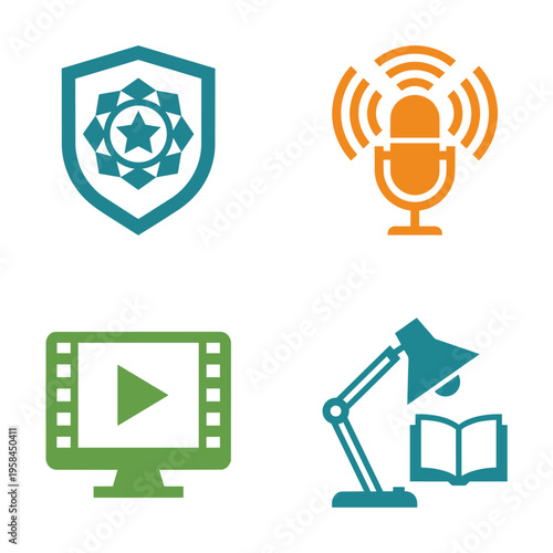 Four flat icons for online education concept