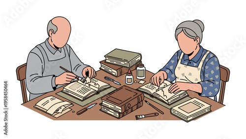 Preservation: A tender moment as an elderly couple meticulously restores antique books, symbolizing the art of bookbinding, preserving heritage and tradition.