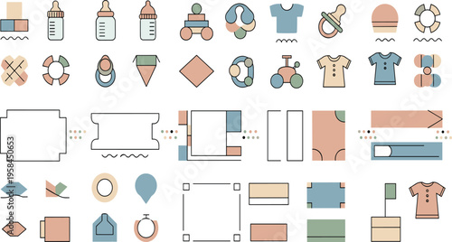 Baby product icons and packaging templates vector illustration set with bottles, clothes, labels, and branding elements for newborn care design.