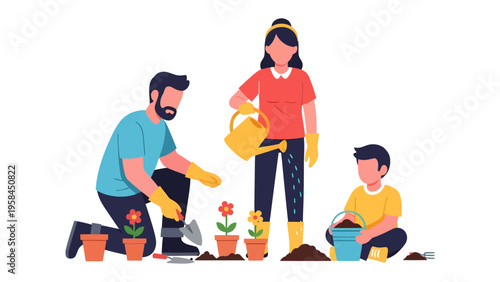 Gardening Family Bond: A family, united in a shared gardening activity, cultivates plants with tender care, reflecting the joys of nature and togetherness.