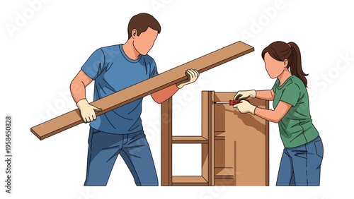 Crafting with Precision: A team of skilled craftspeople collaborates to construct a wooden furniture piece, embodying the essence of creation, diligence, and expertise.