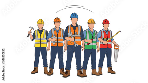Construction Crew Portrait: A group of diverse construction workers, equipped with tools and safety gear, stand united, embodying the spirit of skilled labor and teamwork.